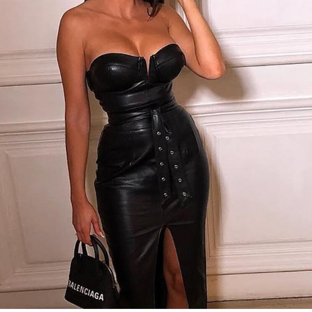 Faux Leather Strapless Dress with Belt